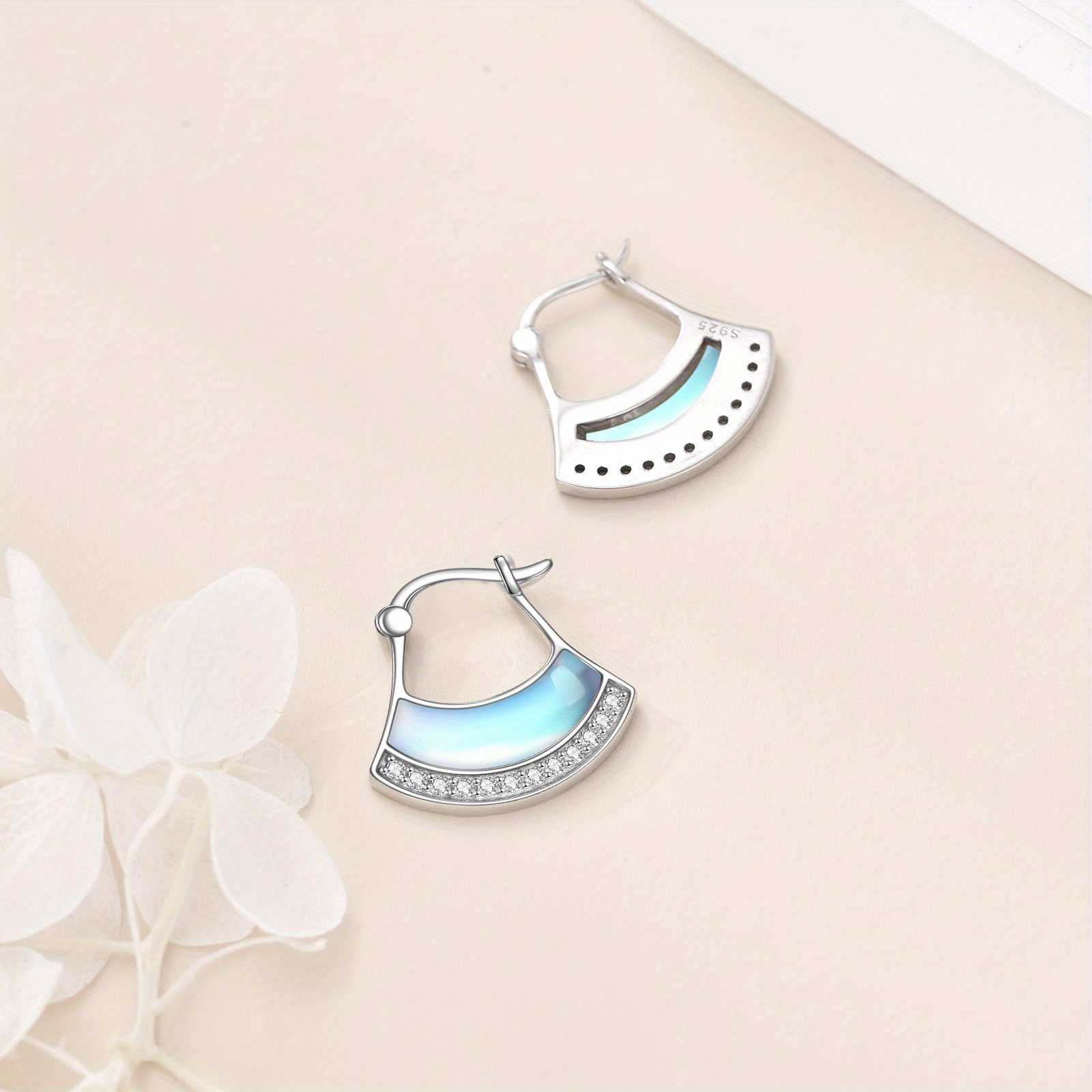 Women's Moonstone Hoop Earrings, Fan-Shaped